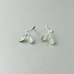 Minimalist Leaf Silver Stud Earrings with Cat's Eye