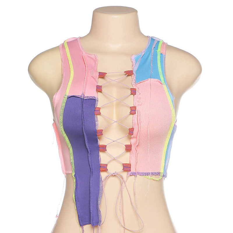 Color-Blocked Lace-Up Short Fitted Tank Top