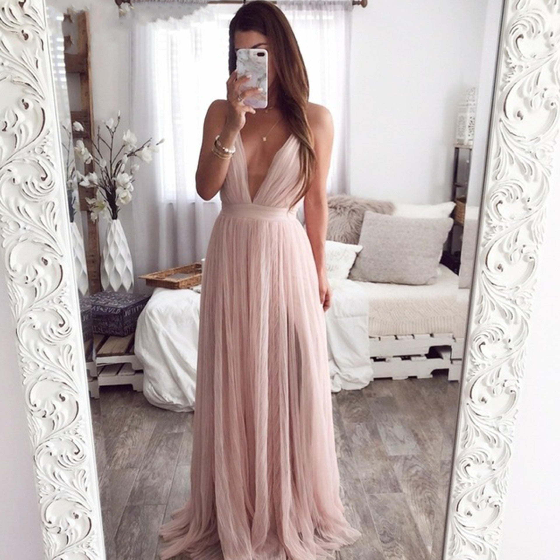 Deep V Neck Spaghetti Strap Mesh Long Dress