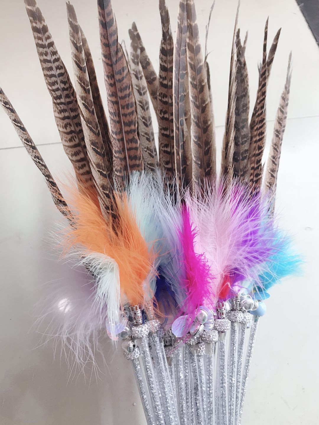 Feather Cat Teaser Wand Interactive Cat Toy with Natural Pheasant and Fluffy Marabou Feathers Bell Glitter Wand for Indoor Cats Kittens