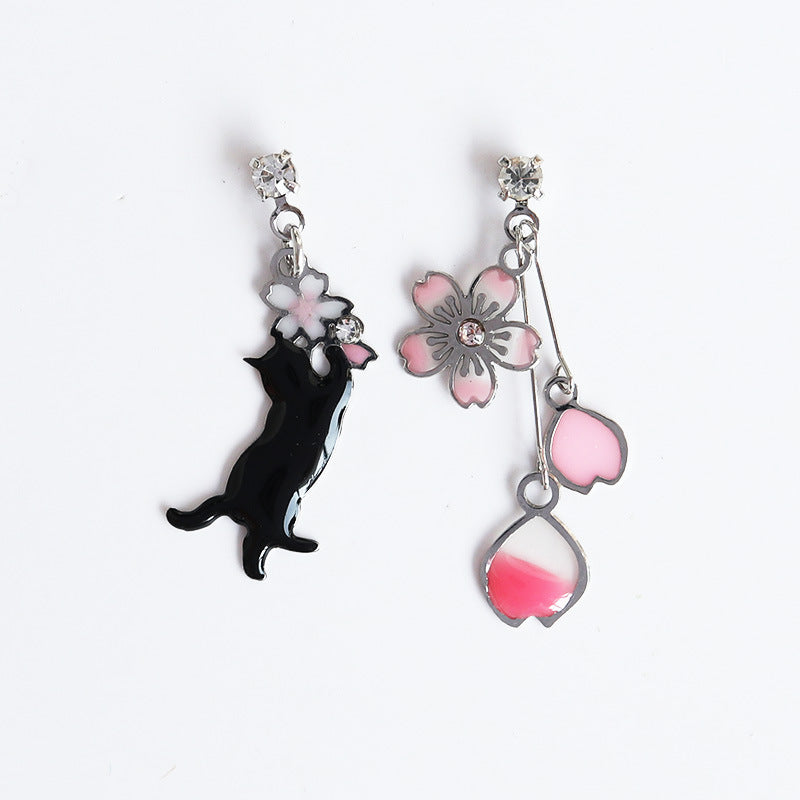 Cat and Cherry Blossom Enamel Earrings