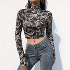 Dragon Print Long Sleeve Crop Top with High Neck