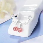 Silver Cat Drop Stud Earrings with Zircon Bead