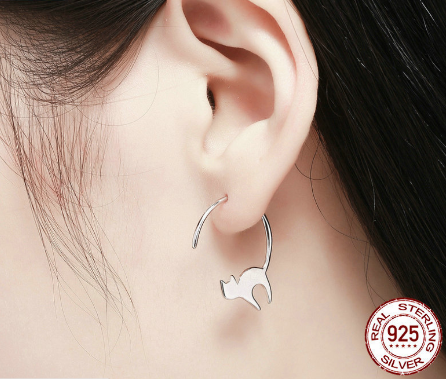 Silver Cat Stud Earrings