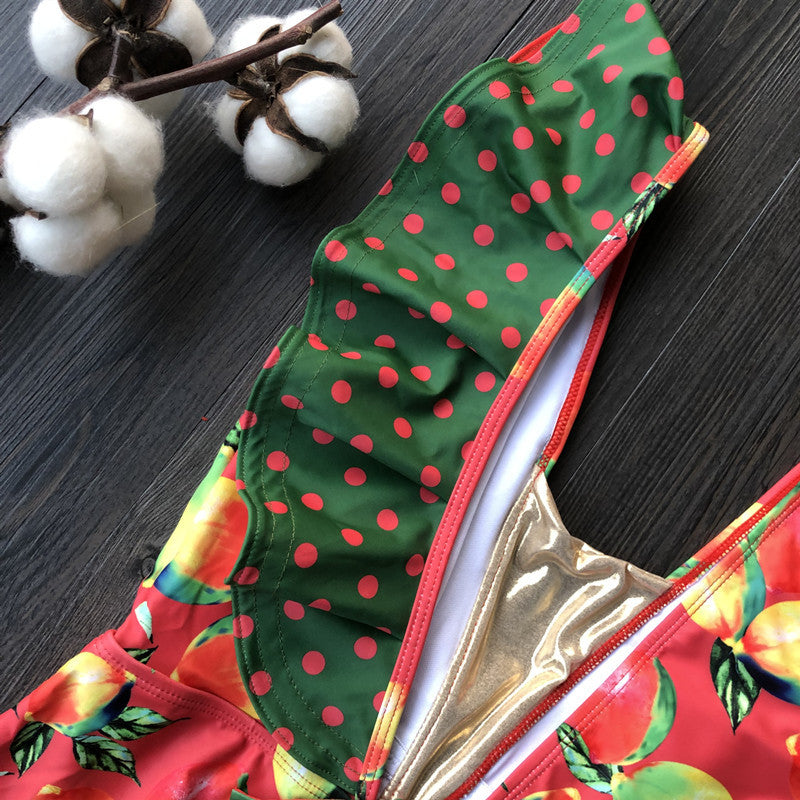 Tropical Bird Print Ruffle One-Piece Swimsuit