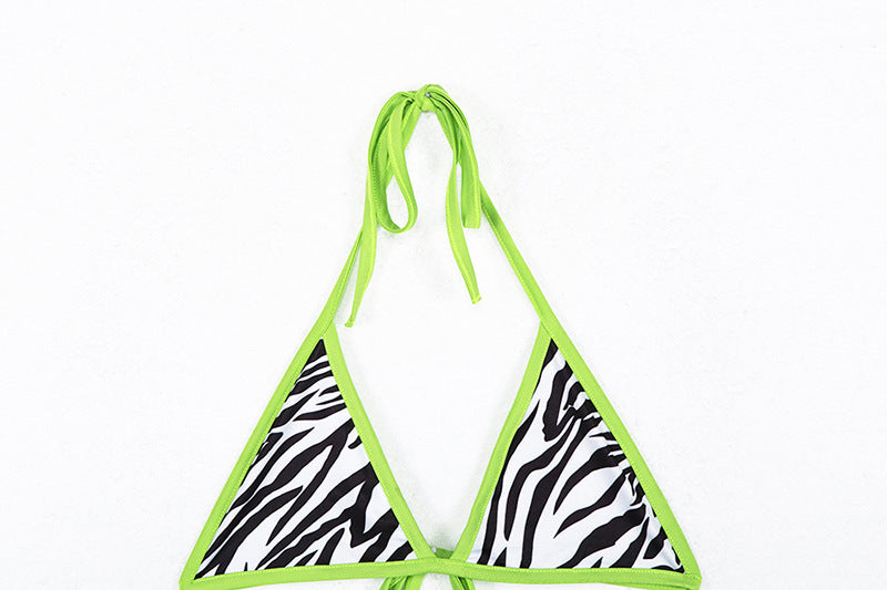 Zebra Print Micro Triangle String Bikini Set with Neon Trim