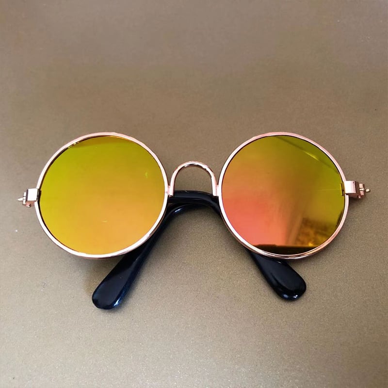 Round Pet Sunglasses for Small Dogs & Cats, Retro Metal Frame Mirrored Glasses, Cute Photo Prop Accessory