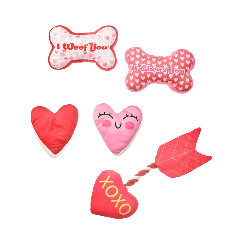 Valentine Dog Toy Set Squeaky Plush Heart Bone & Arrow Toys Cute Puppy Chew Toys for Small Medium Dogs