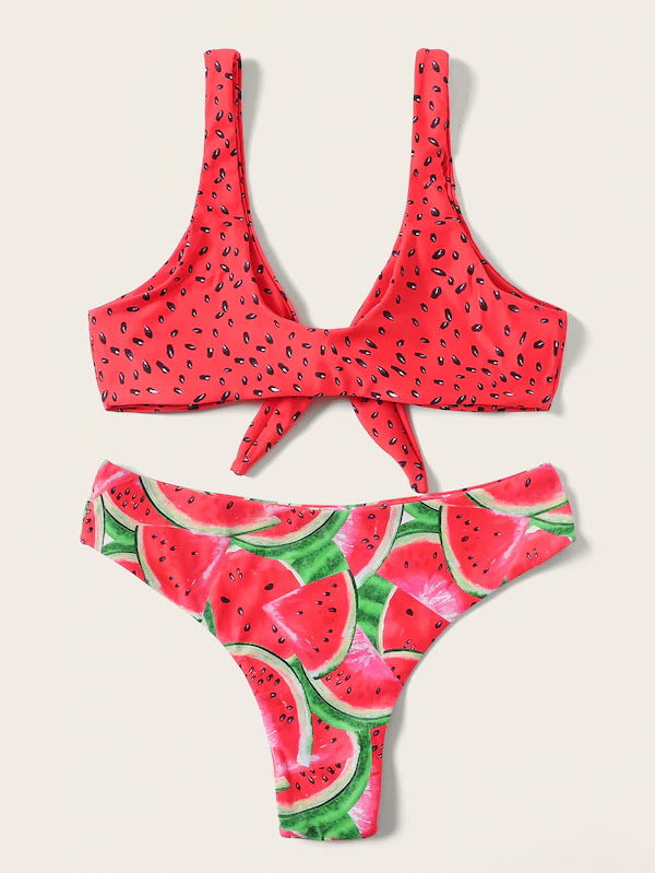Watermelon Print Knot-Front Bikini Set