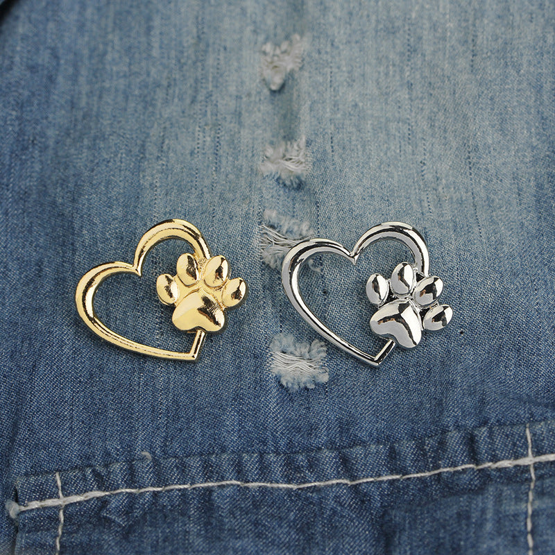 Silver Heart Paw Print Brooch