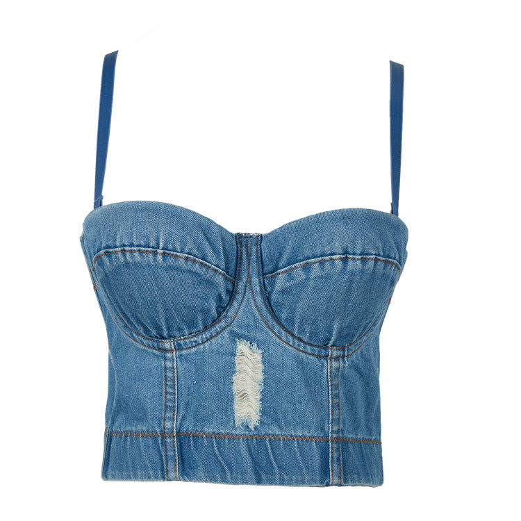 Korean Style Vintage Denim Crop Top for Women