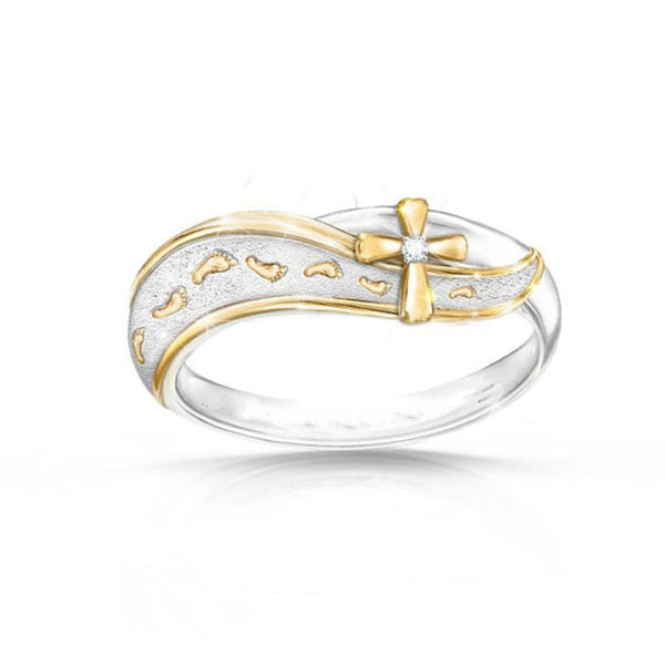 18K Plated Frosted Cross Ring with Footprints Design