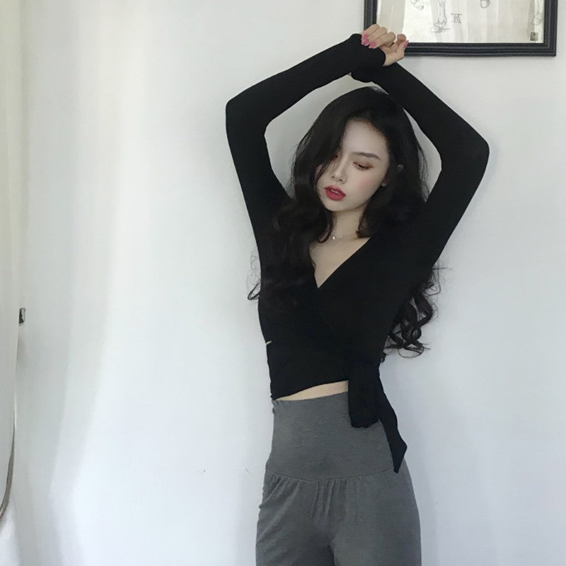 Women's Slim V-neck Long Sleeve Crop Top Fashion
