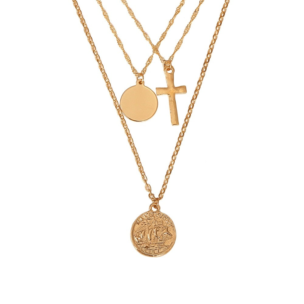 Layered Cross and Coin Pendant Necklace for Women