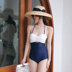 Vintage Color-Block Halter One-Piece Swimsuit