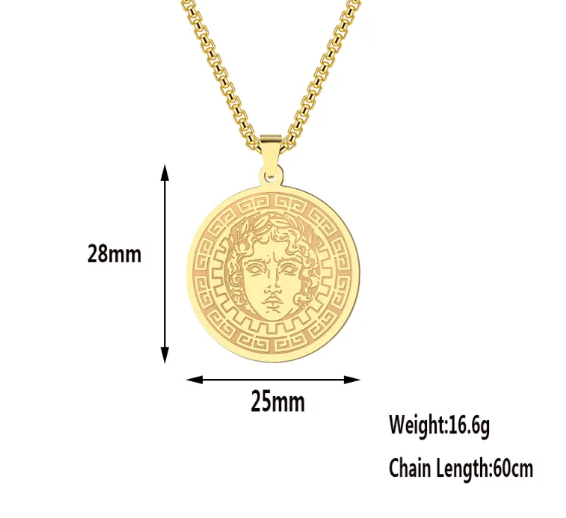 Stainless Steel Medusa Greek Key Round Pendant Necklace