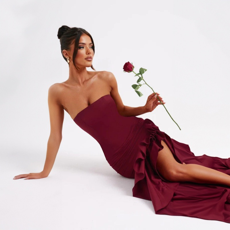 Strapless Ruffle Asymmetric Mermaid Maxi Dress