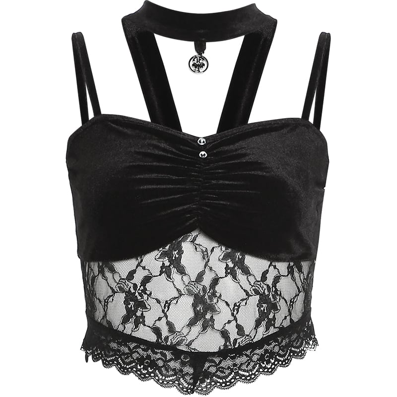 Velvet Lace Halter Crop Top with Choker