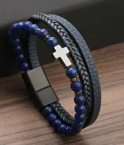 Leather Beaded Cross Bracelet