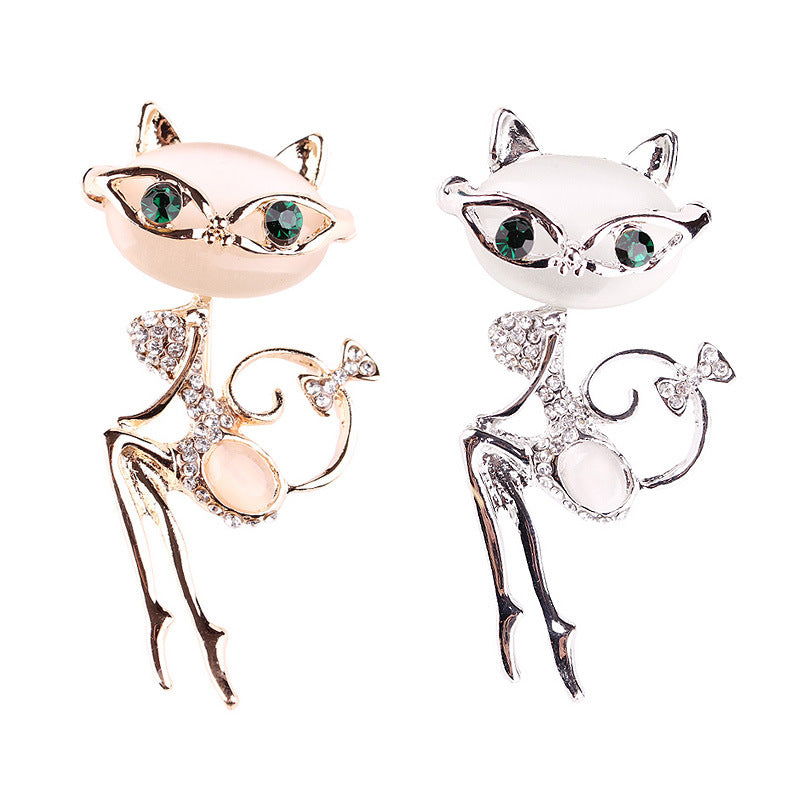 Cat Rhinestone Opal Brooch