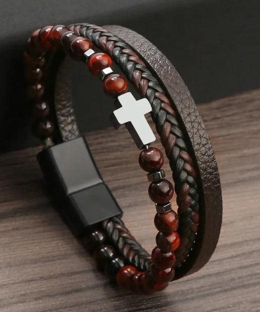 Leather Beaded Cross Bracelet