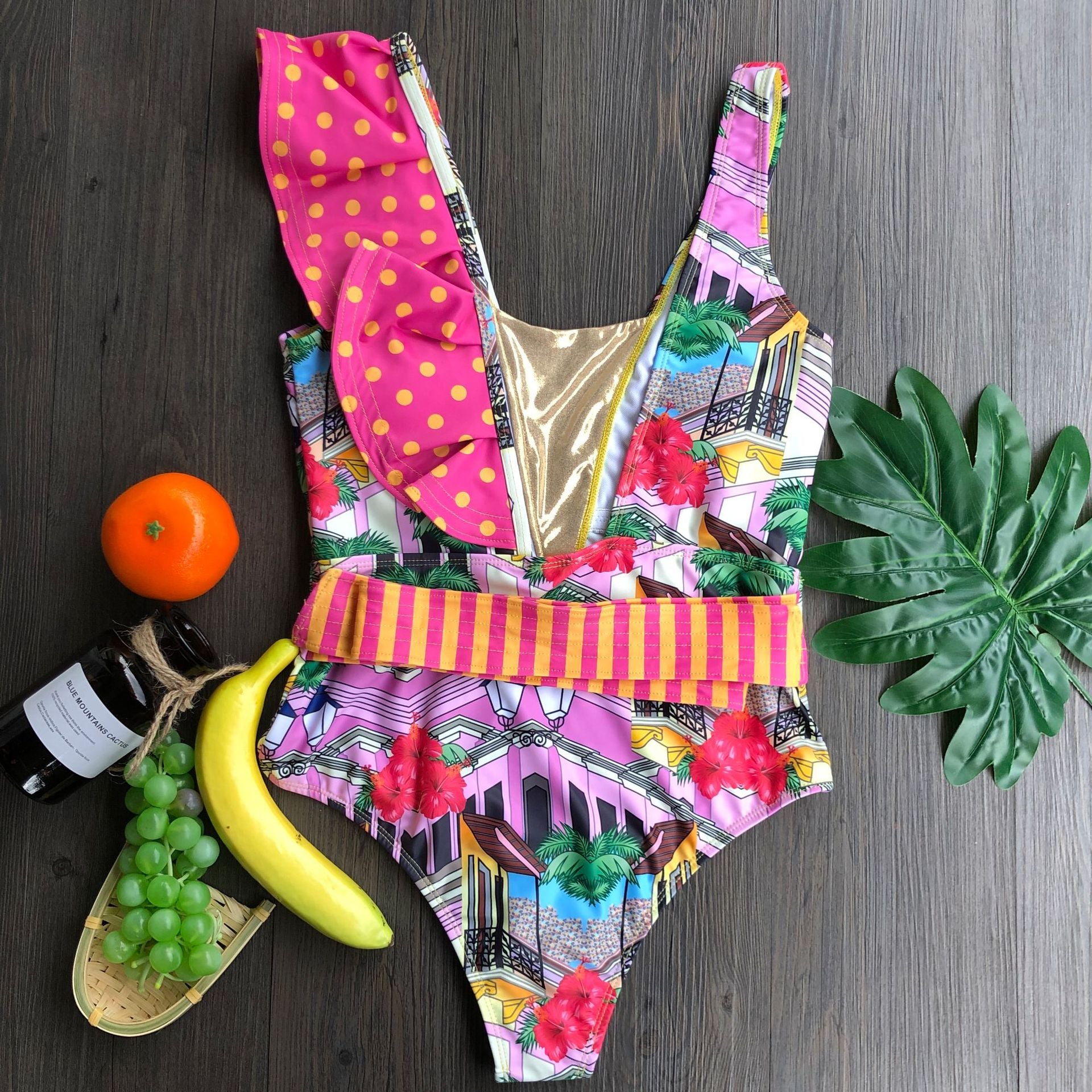 Tropical Bird Print Ruffle One-Piece Swimsuit
