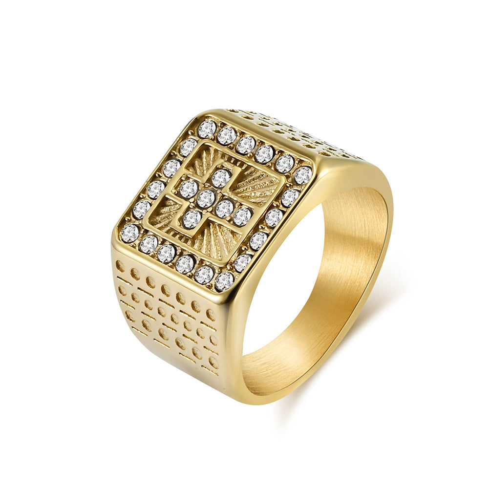 Titanium Steel 18K Gold Plated Cross Ring