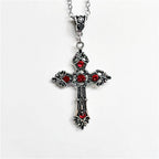 Silver Gothic Cross Necklace with Red Crystals