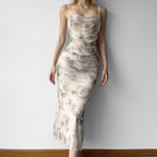 Rose Print Mesh Ruched Slip Dress
