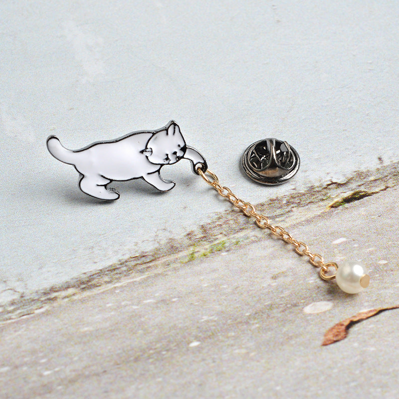 Enamel Cat Brooch Pin with Pearl Drop