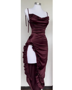 Backless Ruched Satin Spaghetti Strap Maxi Dress with Ruffle Slit