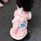 Traditional Chinese Tang Suit Dog Coat, Warm Padded Winter Pet Jacket with Fur Trim, Peony Embroidery and Tassel for Small Dogs