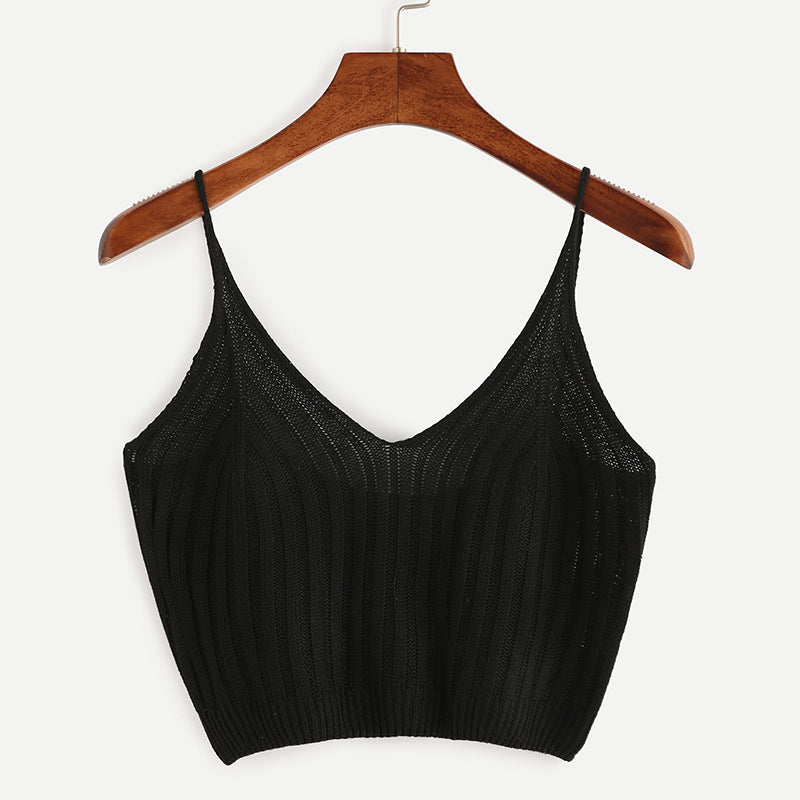 Solid Color Knit Tank Top with V-Neck Design