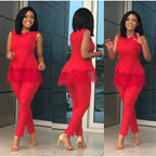 Sleeveless Lace-Trim Peplum Top and Trouser Set