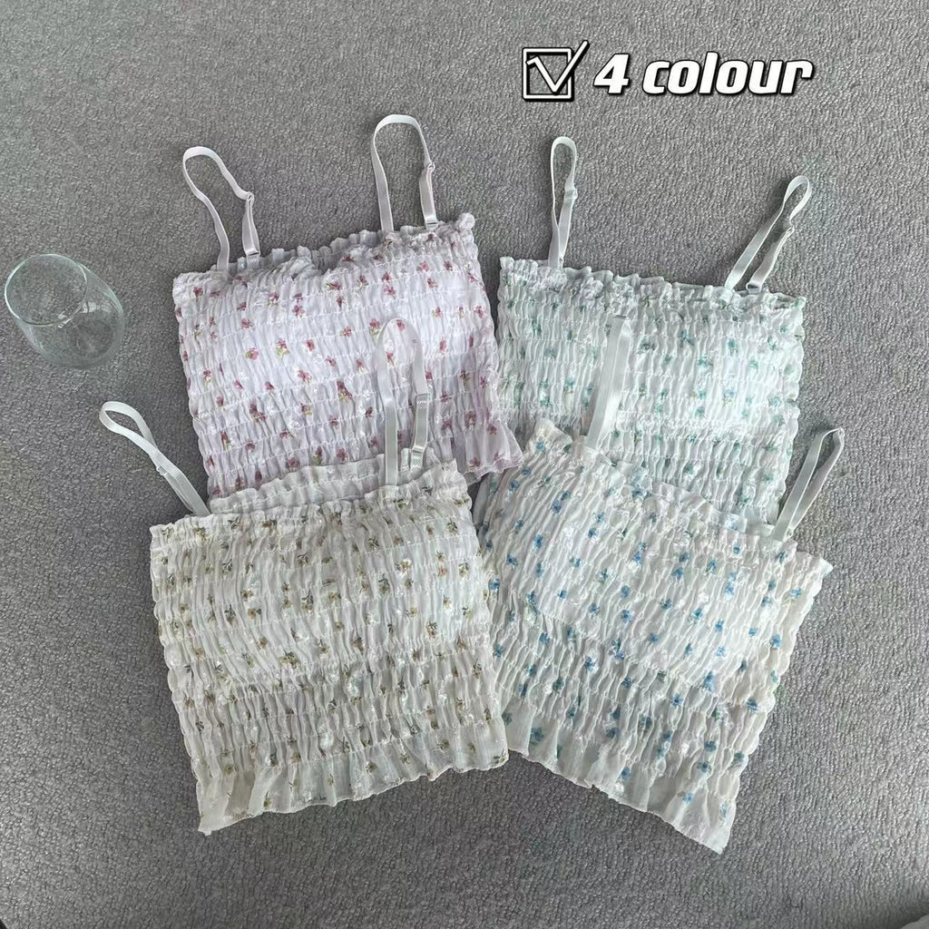 French Floral Shirred Camisole Crop Top