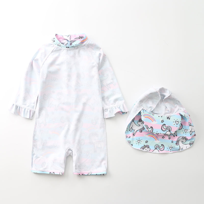 Girls Unicorn Rainbow Long-Sleeve Rash Guard Swimsuit with Cap