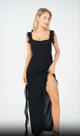 Asymmetric Ruffle High-Slit Midi Dress