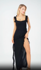 Asymmetric Ruffle High-Slit Midi Dress