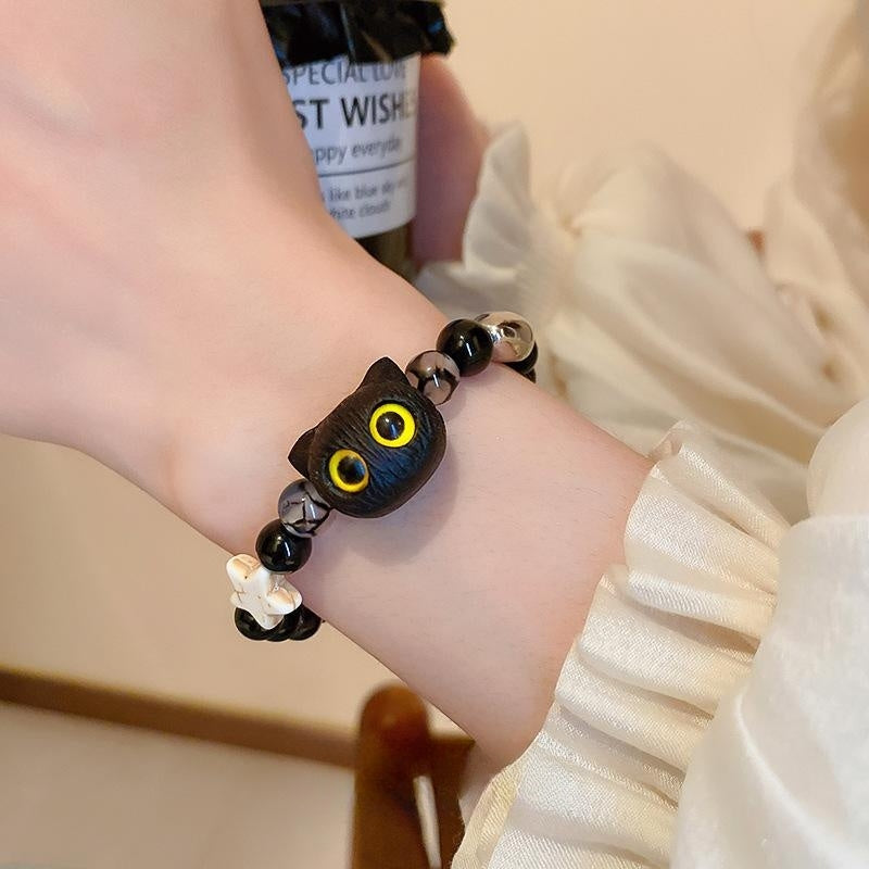 Cartoon Black Cat Stone Beaded Bracelet