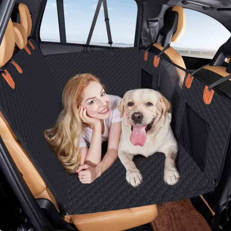 Back Seat Extender Dog Hammock for Cars, SUVs & Trucks, Waterproof Scratchproof Hard-Bottom Pet Travel Bed with Mesh Window & Side Pockets
