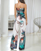 Peacock Feather Print Jumpsuit with Spaghetti Straps