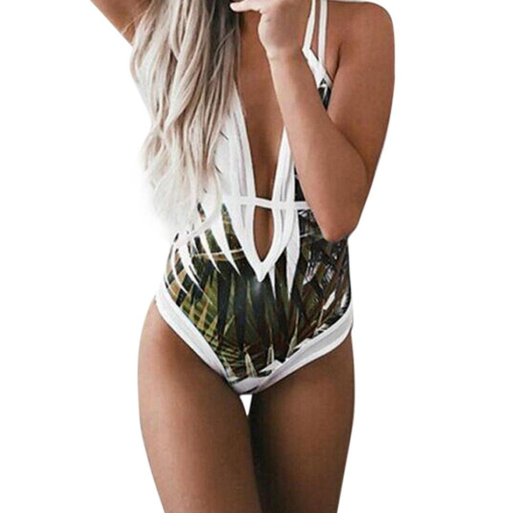 Palm Print Strappy Plunge One-Piece Swimsuit