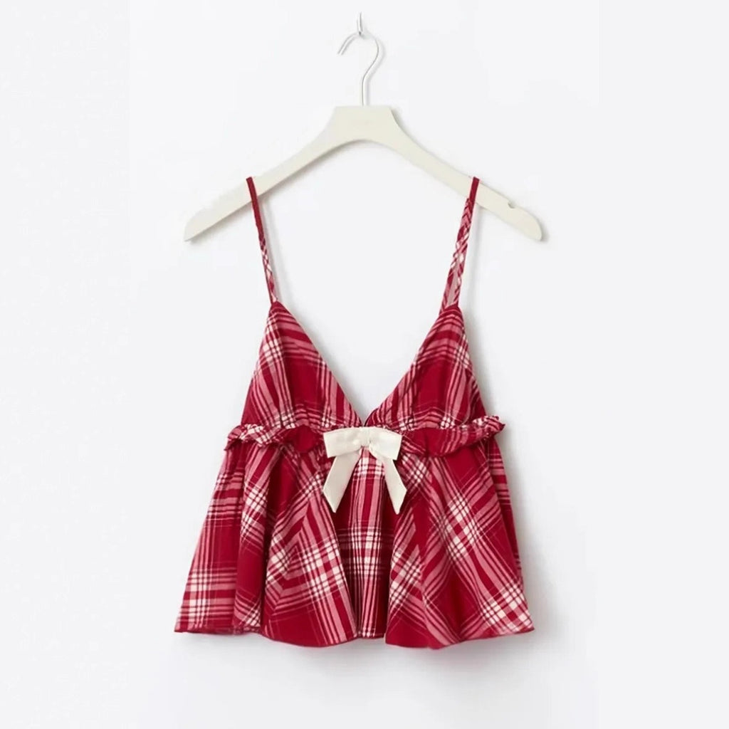 Women's Casual Plaid Bow Tie Camisole Set