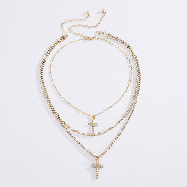 Creative Cross Necklace with Glass Rhinestones Layers