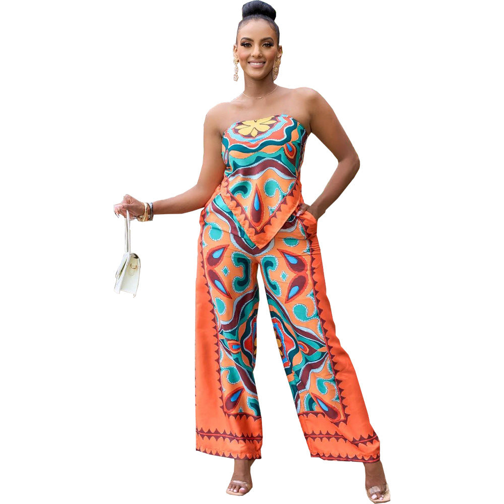 DN8718 Women's Fashion Print Tube Top & Pants Set