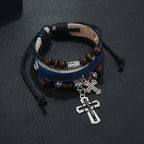 Leather Cross Beaded Charm Bracelet