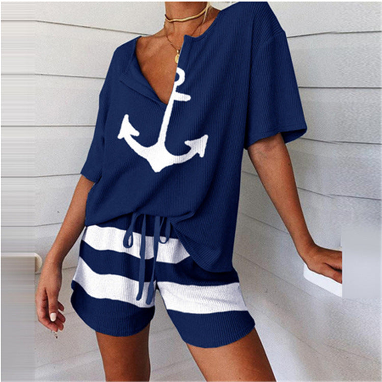 2021 Women's V-Neck Anchor Print Top and Shorts Set