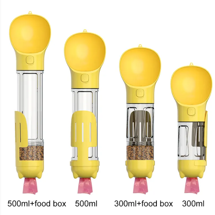 Portable Dog Water Bottle 4-in-1 Travel Dispenser with Foldable Drinking Bowl Food Container and Waste Bag Holder Leak-Proof 300ml 500ml