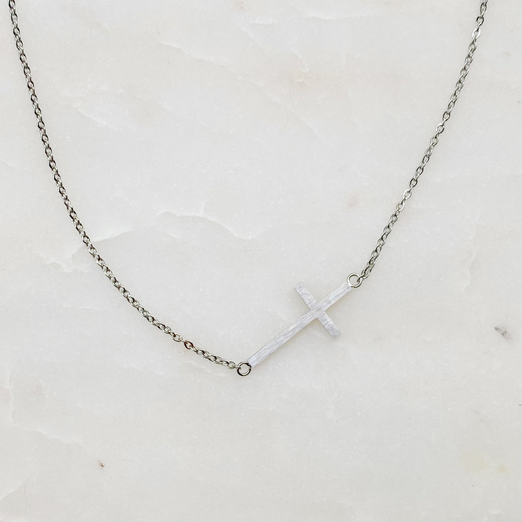 Sideways Cross Necklace - Silver