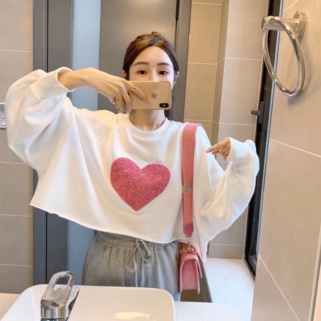 Heart Print Cropped Hoodie for Women - Spring Fashion